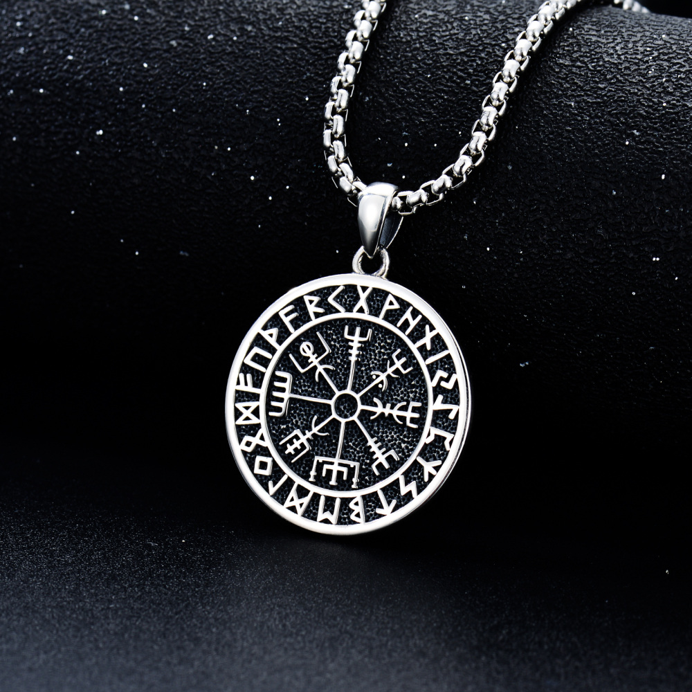 Sterling Silber mit schwarzem Rhodium Wikinger Runen Anhänger Halskette für Männer-3