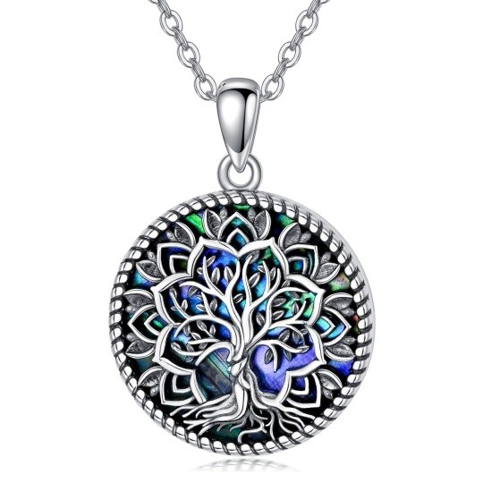 Sterling Silver with Black Plated Round Abalone Shellfish Lotus & Tree Of Life Pendant Necklace