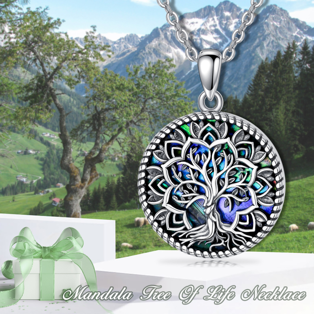 Sterling Silver with Black Plated Round Abalone Shellfish Lotus & Tree Of Life Pendant Necklace-4