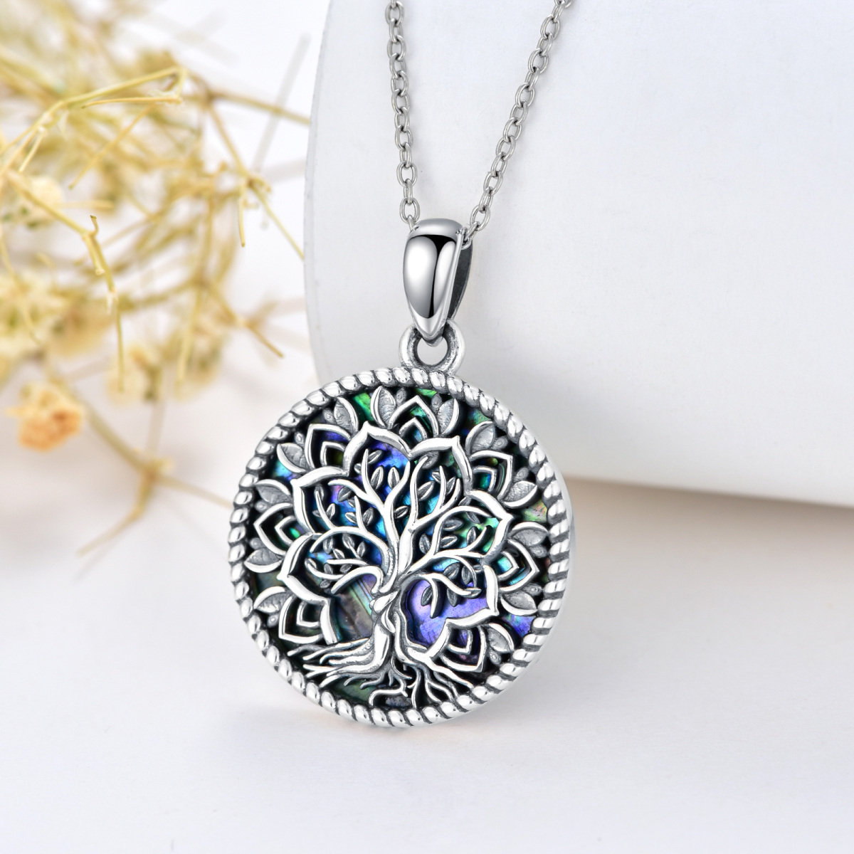 Sterling Silver with Black Plated Round Abalone Shellfish Lotus & Tree Of Life Pendant Necklace-5