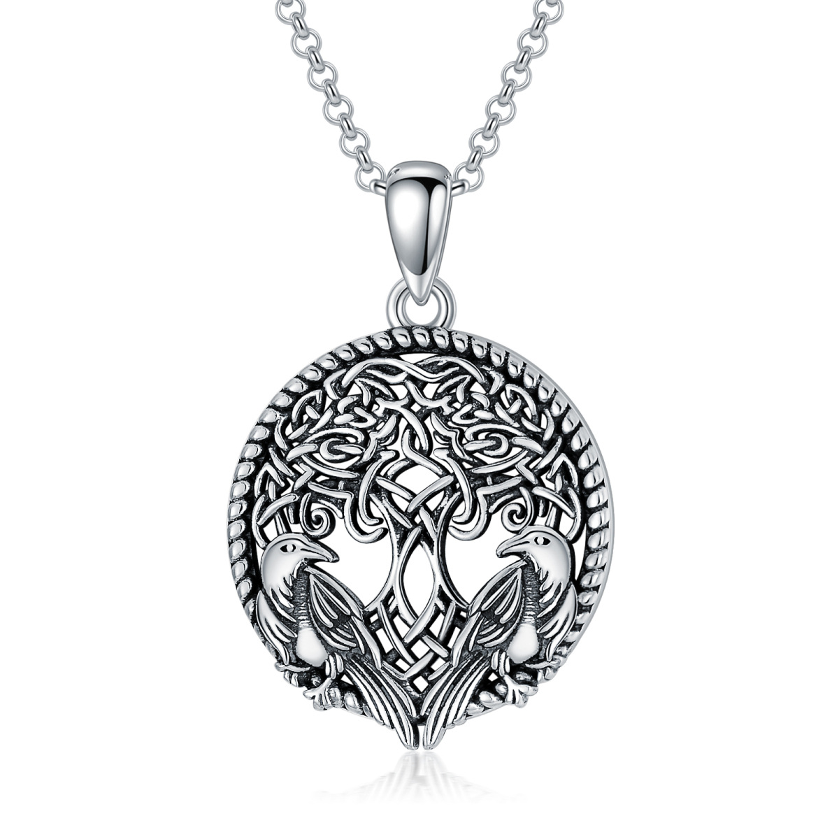 Collier en argent sterling avec pendentif arbre de vie rond plaqué noir-1