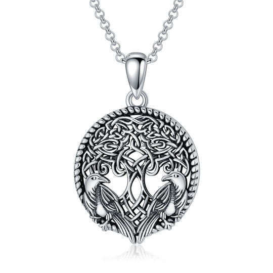 Sterling Silver with Black Plated Round Tree Of Life Pendant Necklace