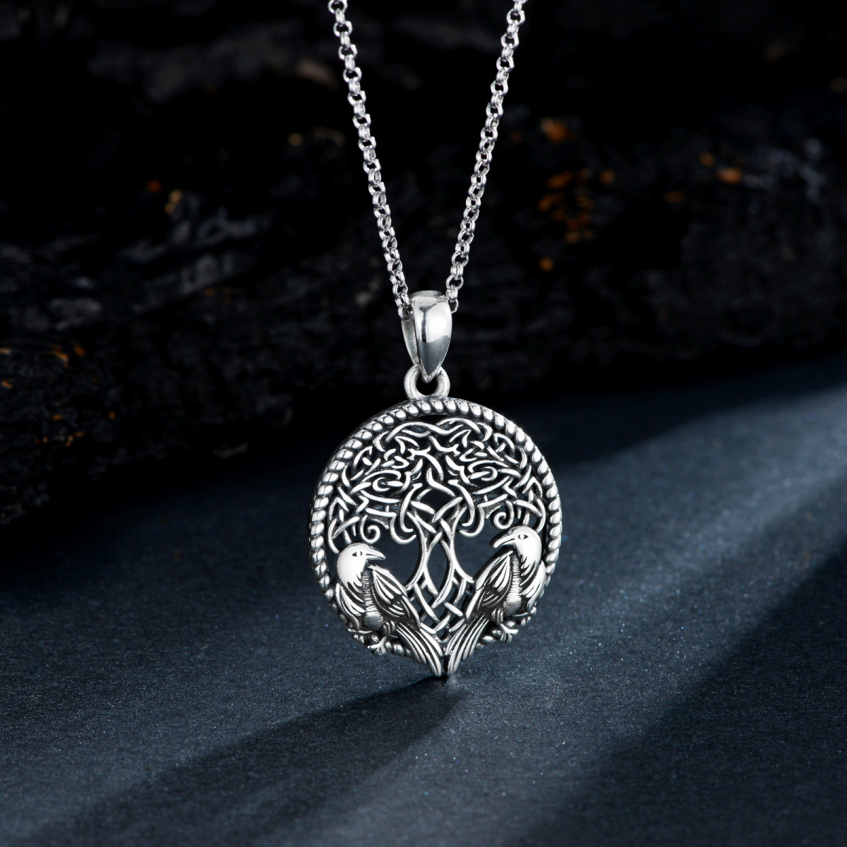 Sterling Silver with Black Plated Round Tree Of Life Pendant Necklace-4