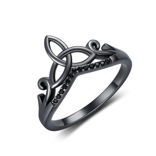 Sterling Silver with Black Color Plated Circular Shaped Cubic Zirconia Celtic Knot Ring-25