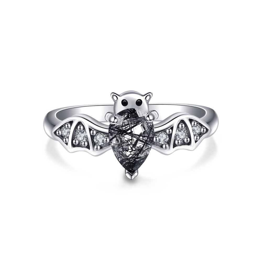 Sterling Silver Black Rutilated Quartz Stone Bat Ring-1