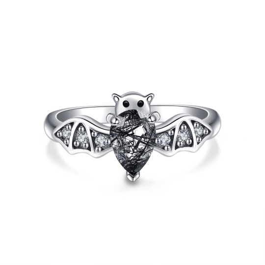 Bague chauve-souris en argent sterling avec pierre de quartz rutile noire