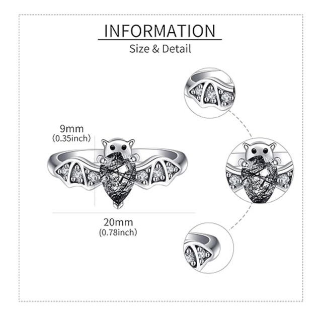 Fledermausring aus Sterlingsilber mit schwarzem Rutilquarzstein-4