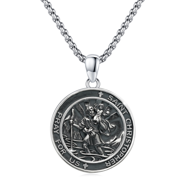 Sterling Silver Black St. Christopher Pendant Necklace for Men