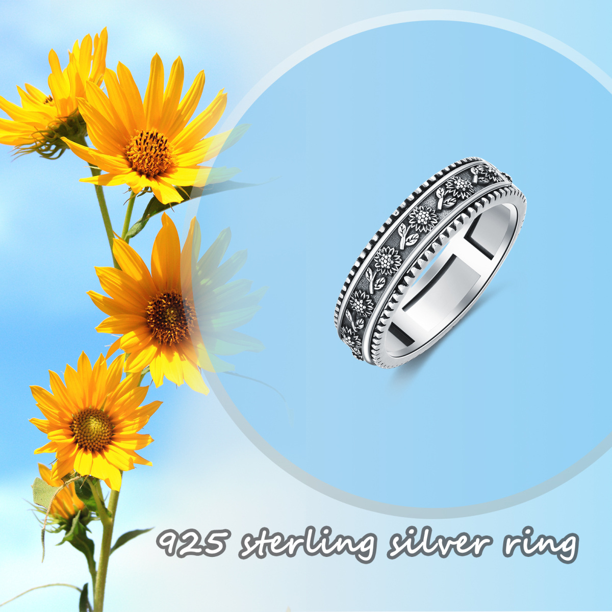 Sterling Silber mit schwarzer plattierter Sonnenblume Ring-2