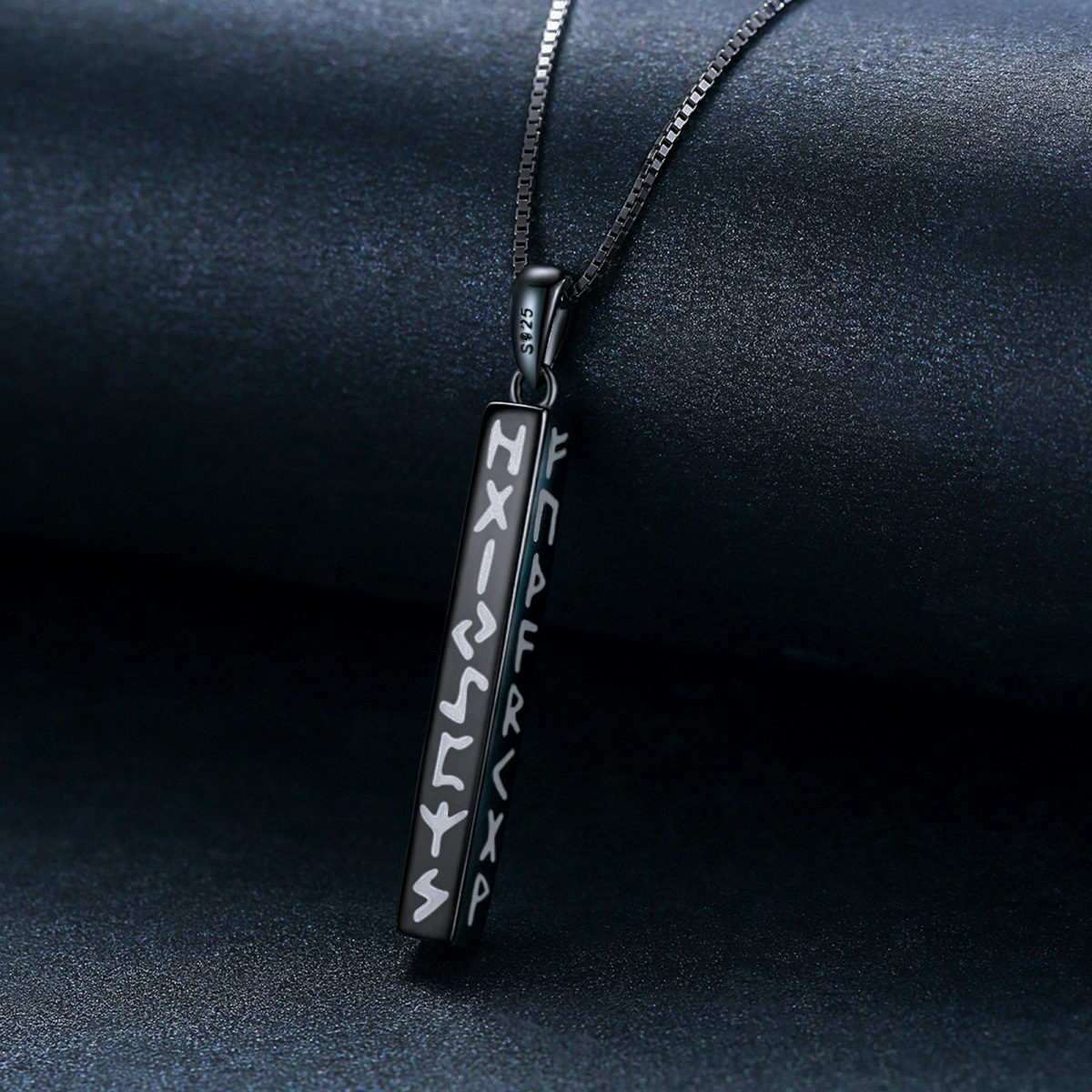 Sterling Silver with Black Plated Viking Rune Bar Necklace-6