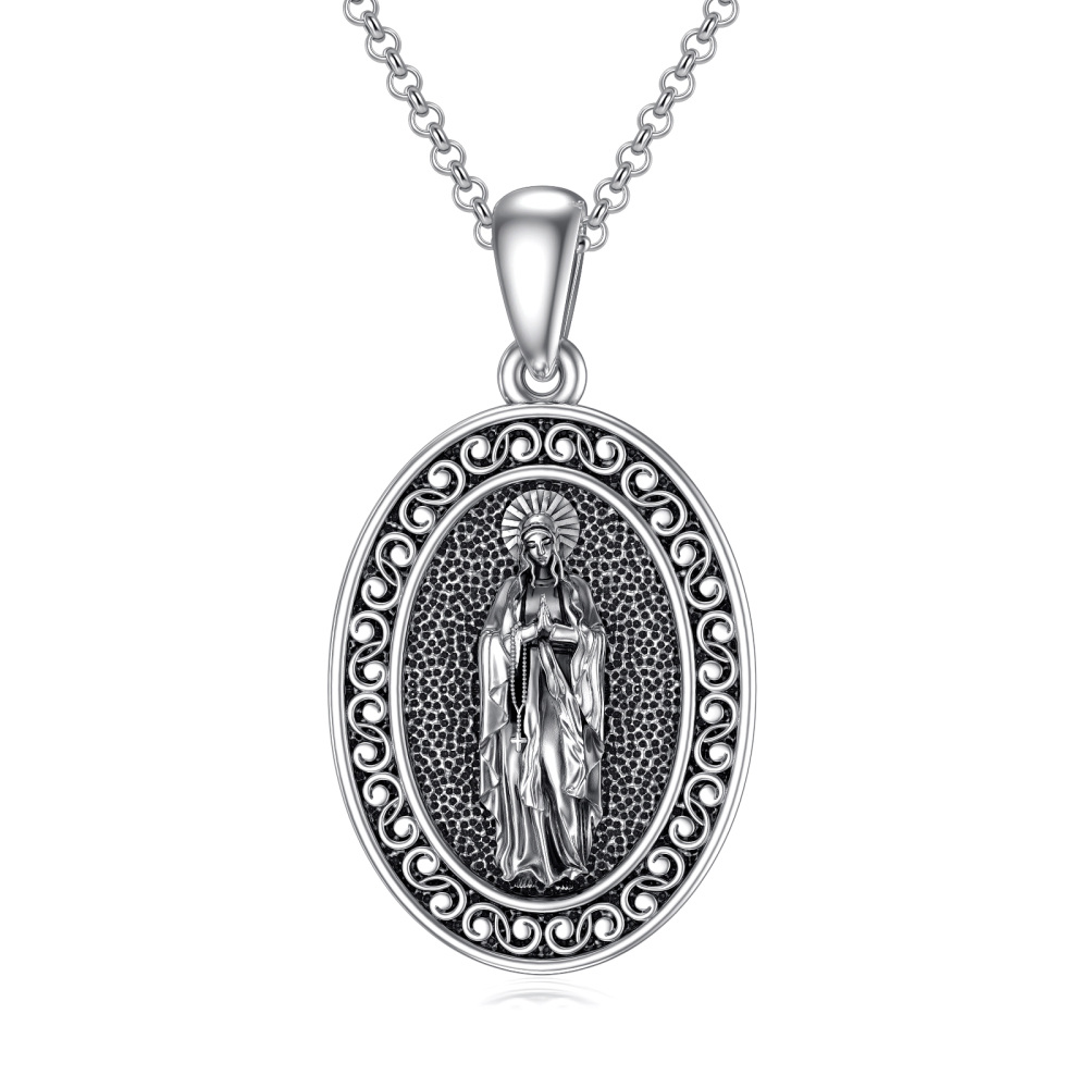 Sterling Silver with Black Plated Virgin Mary Pendant Necklace-1