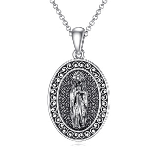 Sterling Silver with Black Plated Virgin Mary Pendant Necklace-5