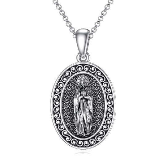 Sterling Silver with Black Plated Virgin Mary Pendant Necklace