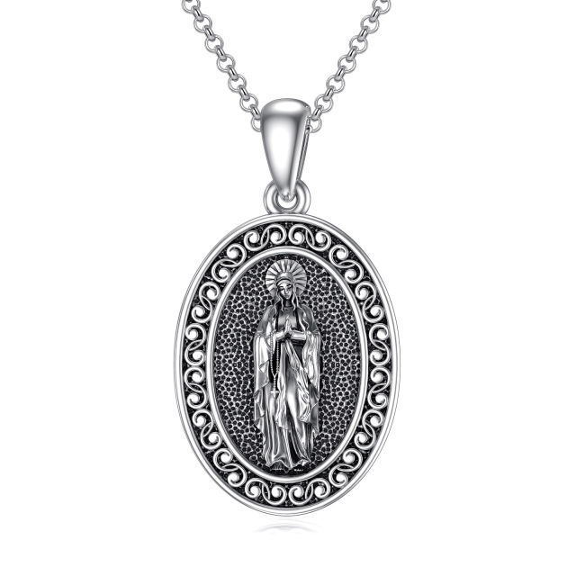 Sterling Silver with Black Plated Virgin Mary Pendant Necklace-1