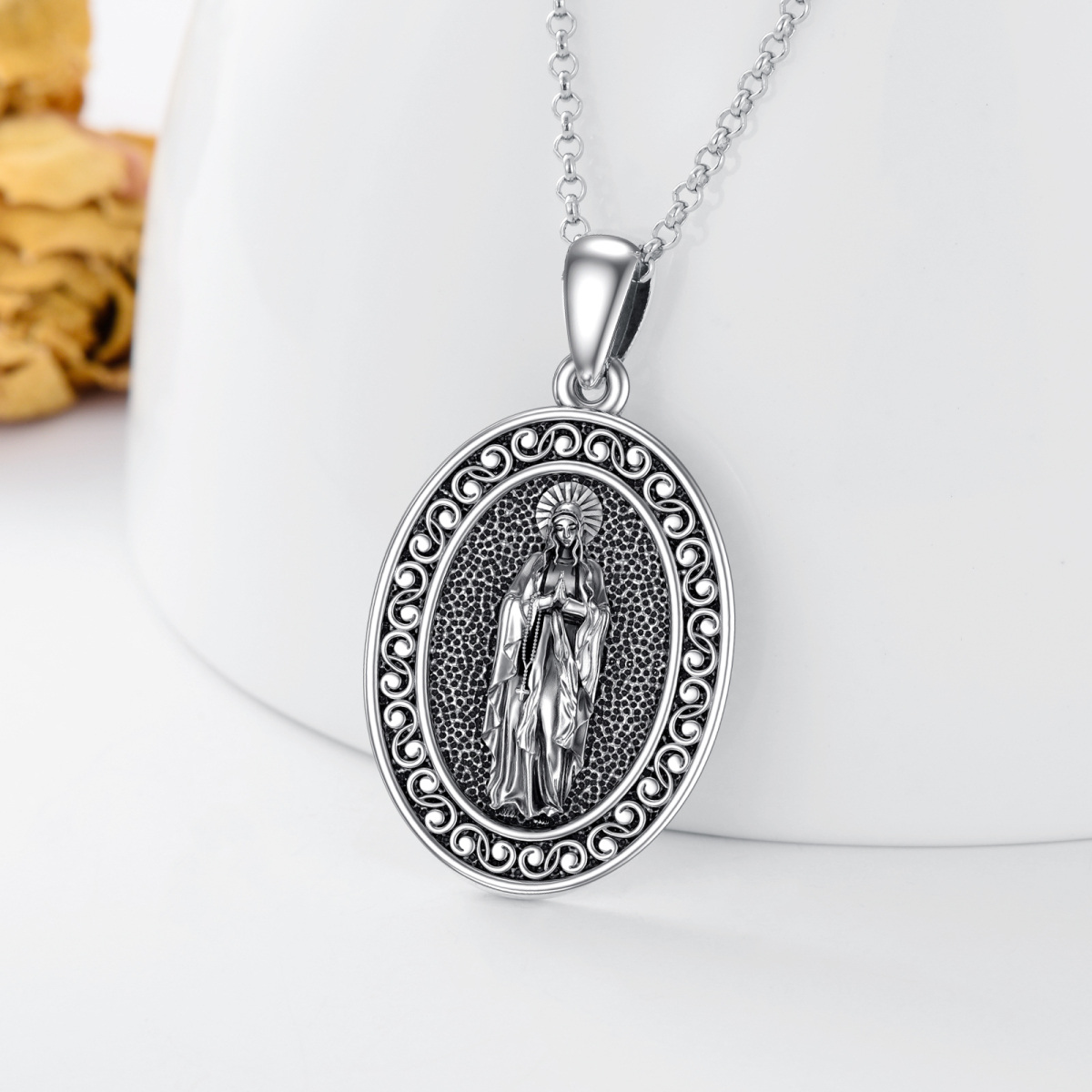 Sterling Silver with Black Plated Virgin Mary Pendant Necklace-4