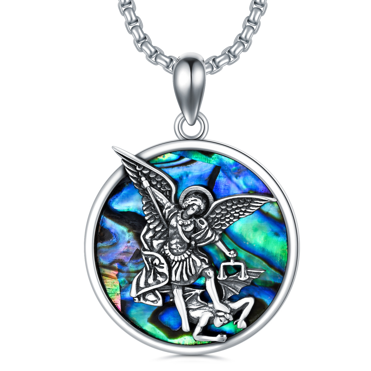 Sterling Silber Blau Abalone Shellfish Saint Michael Anhänger Halskette-1