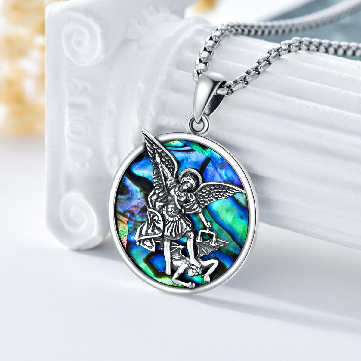 Sterling Silver Blue Abalone Shellfish Saint Michael Pendant Necklace-4