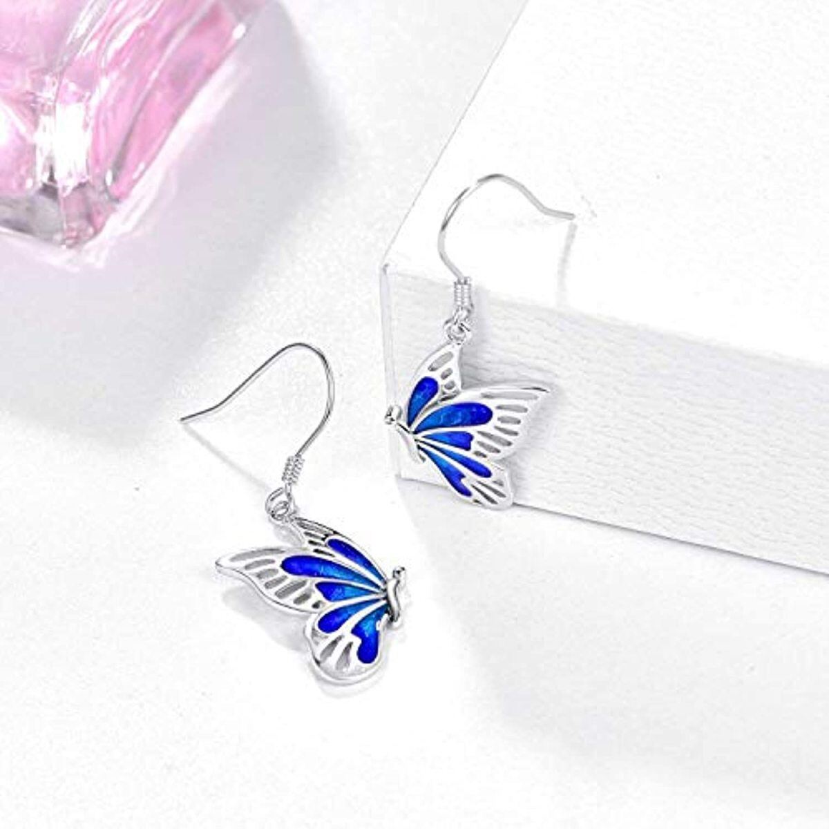 Pendientes colgantes de mariposa azul en plata de ley para mujeres y niñas-4