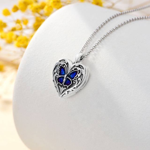 Sterling Silver Blue Butterfly Heart Personalized Photo Locket Necklace for Women-3