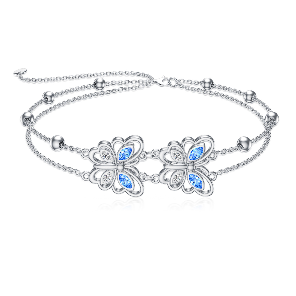 Sterling Silver Blue Clear Marquise CZ Butterfly Multi-layered Anklet for Women-1