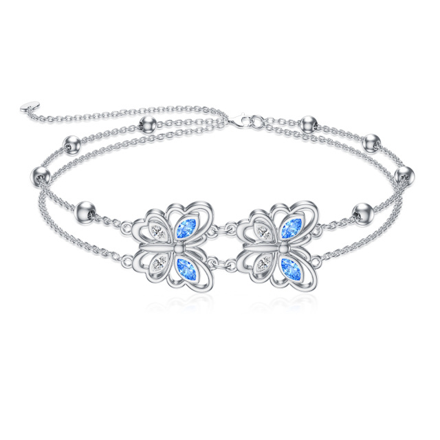 Sterling Silver Blue Clear Marquise CZ Butterfly Multi-layered Anklet for Women