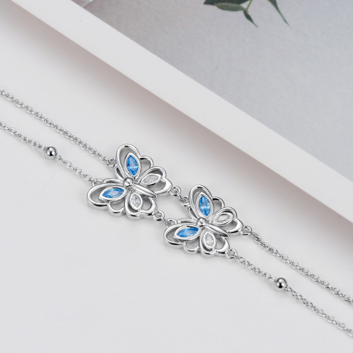 Sterling Silber Blau Klar Marquise CZ Schmetterling Mehrlagiges Fußkettchen für Damen-3