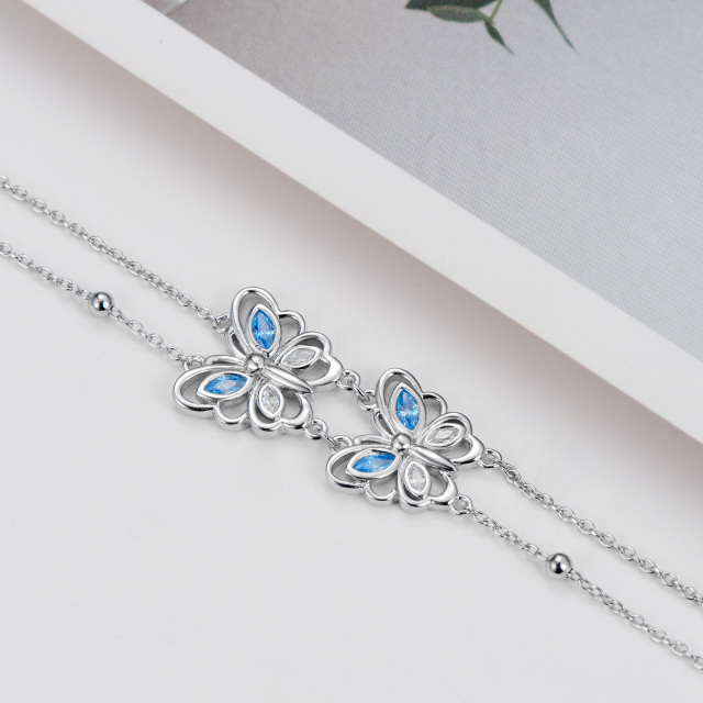 Sterling Silver Blue Clear Marquise CZ Butterfly Multi-layered Anklet for Women-3