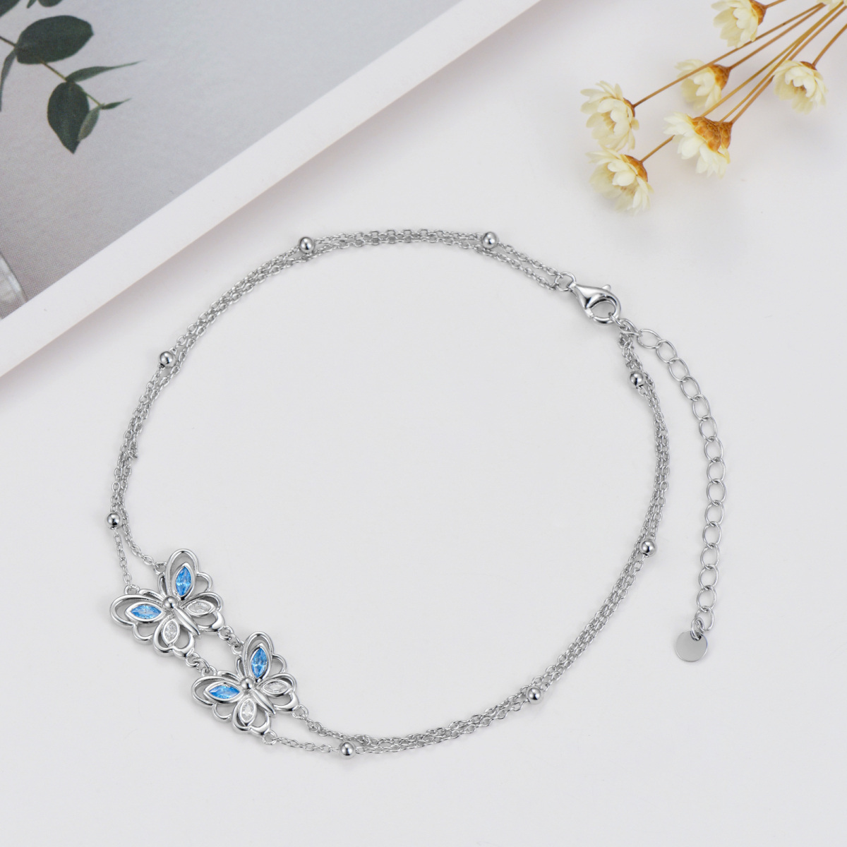 Sterling Silber Blau Klar Marquise CZ Schmetterling Mehrlagiges Fußkettchen für Damen-4