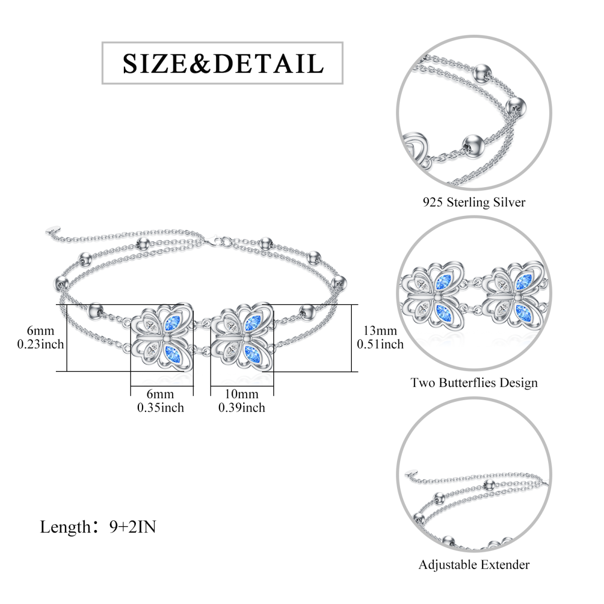 Tobillero multicapa con circonita cúbica azul marquesa transparente en plata esterlina para mujer-5