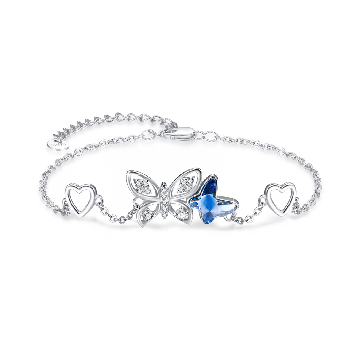 Sterling Silver Blue Crystal Butterfly & Heart Charm Bracelet-1