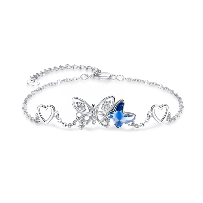 Bracciale con ciondolo a forma di farfalla e cuore in argento 925 e cristallo blu