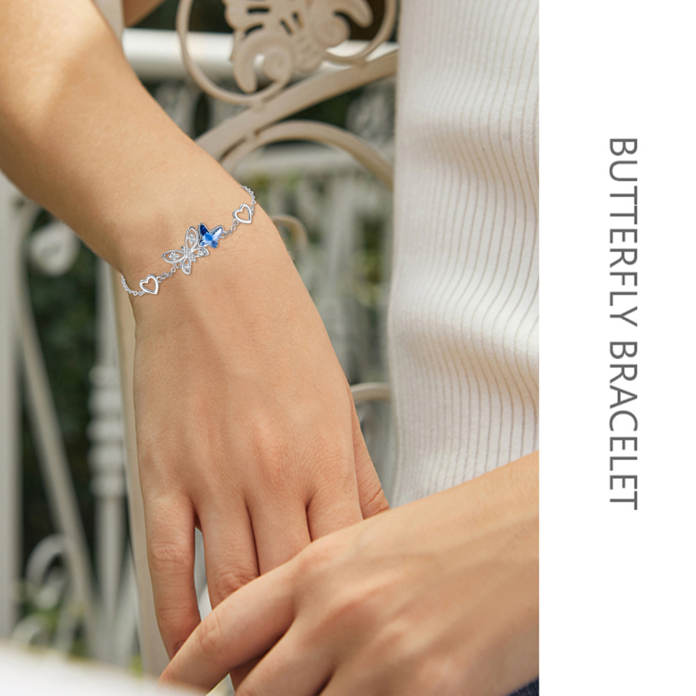 Bracelet en argent sterling avec pendentif papillon et coeur en cristal bleu-3