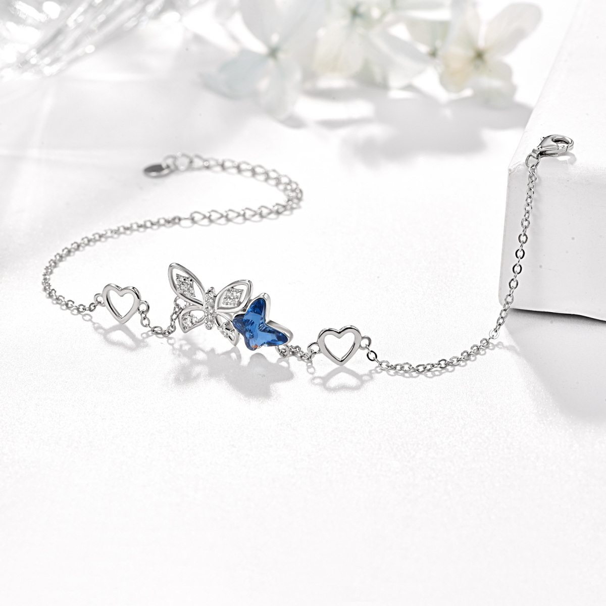 Sterling Silver Blue Crystal Butterfly & Heart Charm Bracelet-4