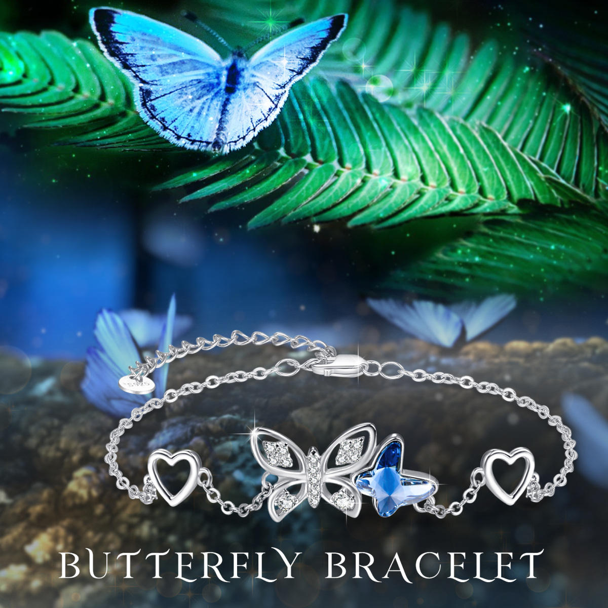 Sterling Silver Blue Crystal Butterfly & Heart Charm Bracelet-6