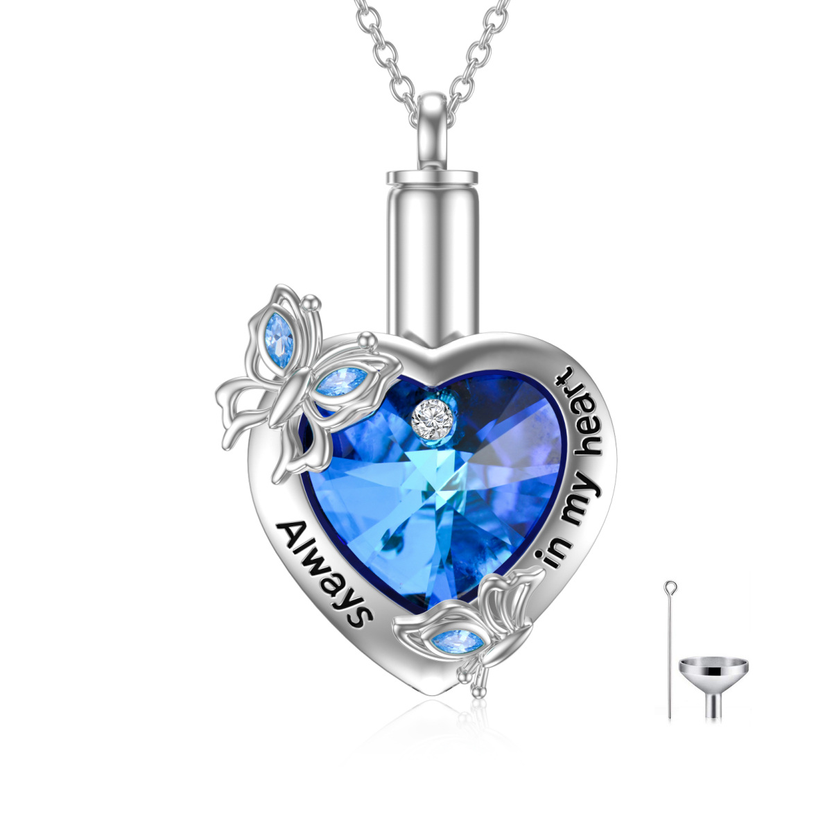 Sterling Silver Hear Blue Crystal Butterfly Urn Necklace For Ashes With Engraved Ward-1