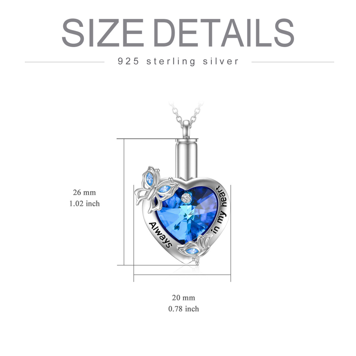 Sterling Silver Hear Blue Crystal Butterfly Urn Necklace For Ashes With Engraved Ward-7