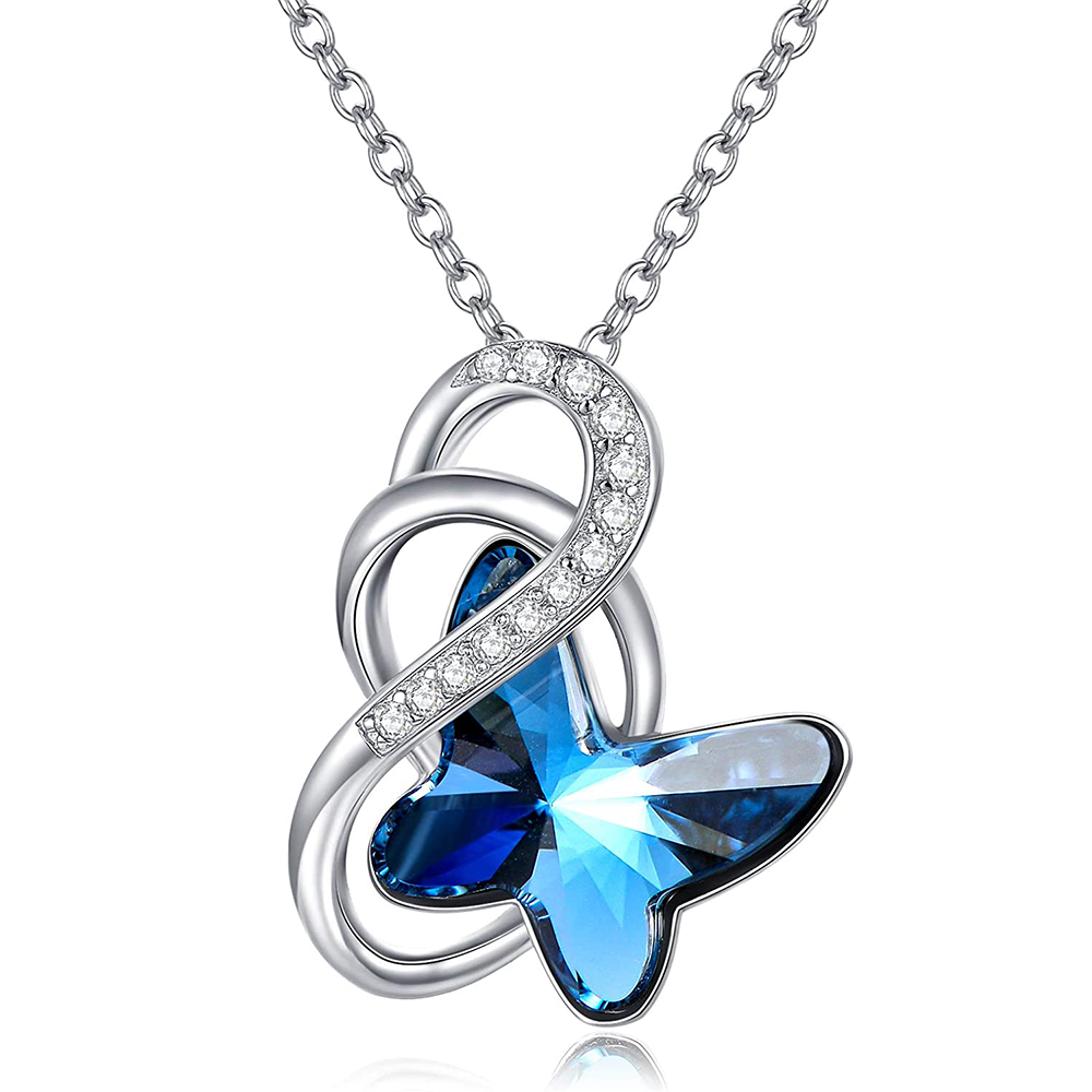 Collar con colgante de mariposa de cristal azul y símbolo del infinito en plata de ley para mujer-1