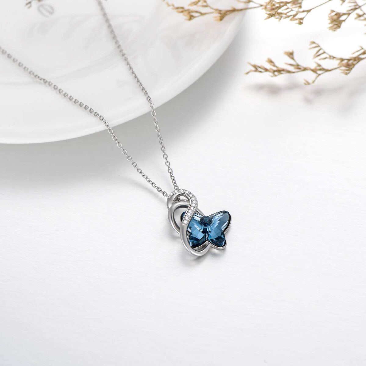 Collar con colgante de mariposa de cristal azul y símbolo del infinito en plata de ley para mujer-4