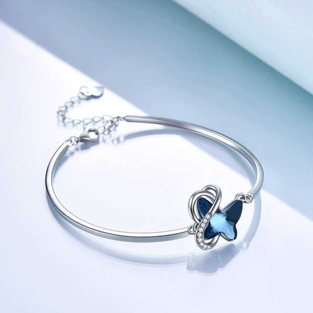 Sterling Silver Blue Crystal Butterfly Pendant Bangle for Women Girls-2