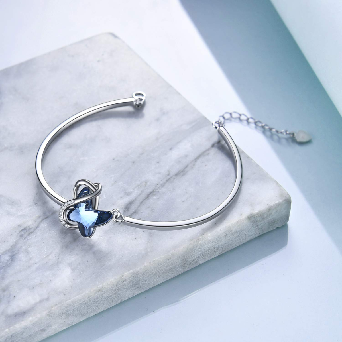 Sterling Silver Blue Crystal Butterfly Pendant Bangle for Women Girls-3