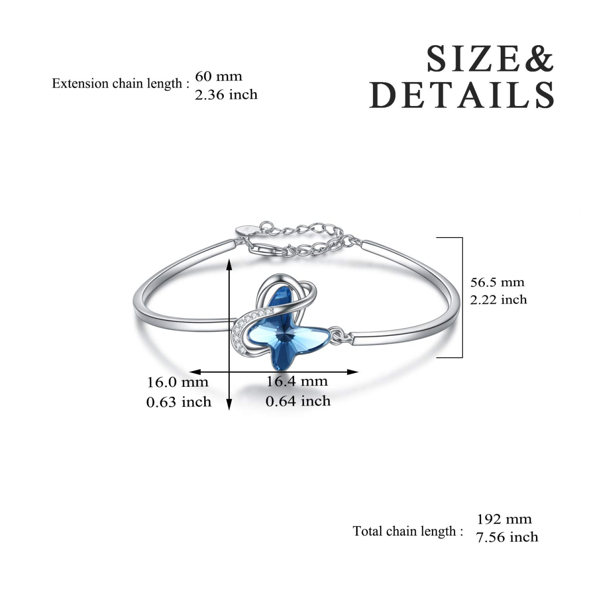 Sterling Silver Blue Crystal Butterfly Pendant Bangle for Women Girls-4