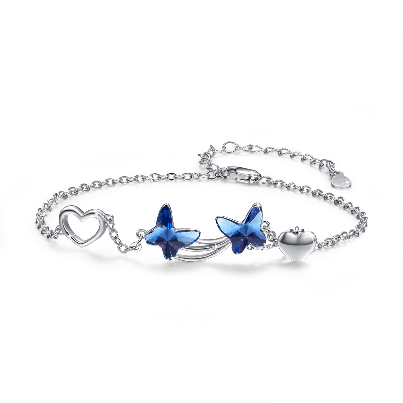 Sterling Silver Blue Crystal Butterfly Star & Heart Charm Bracelet