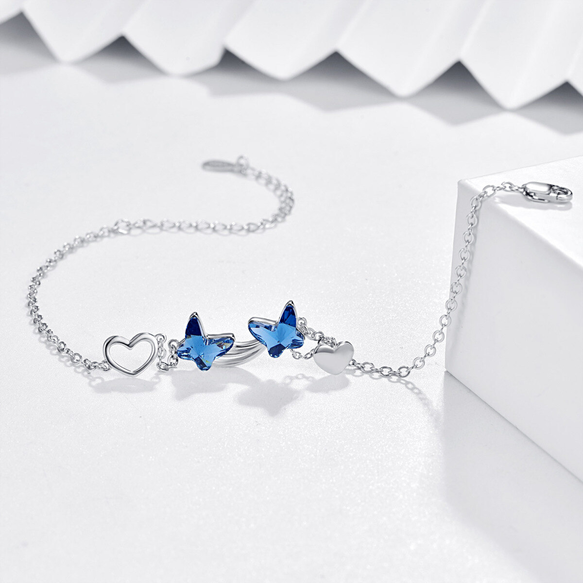 Sterling Silver Blue Crystal Butterfly Star & Heart Pendant Bracelet-4