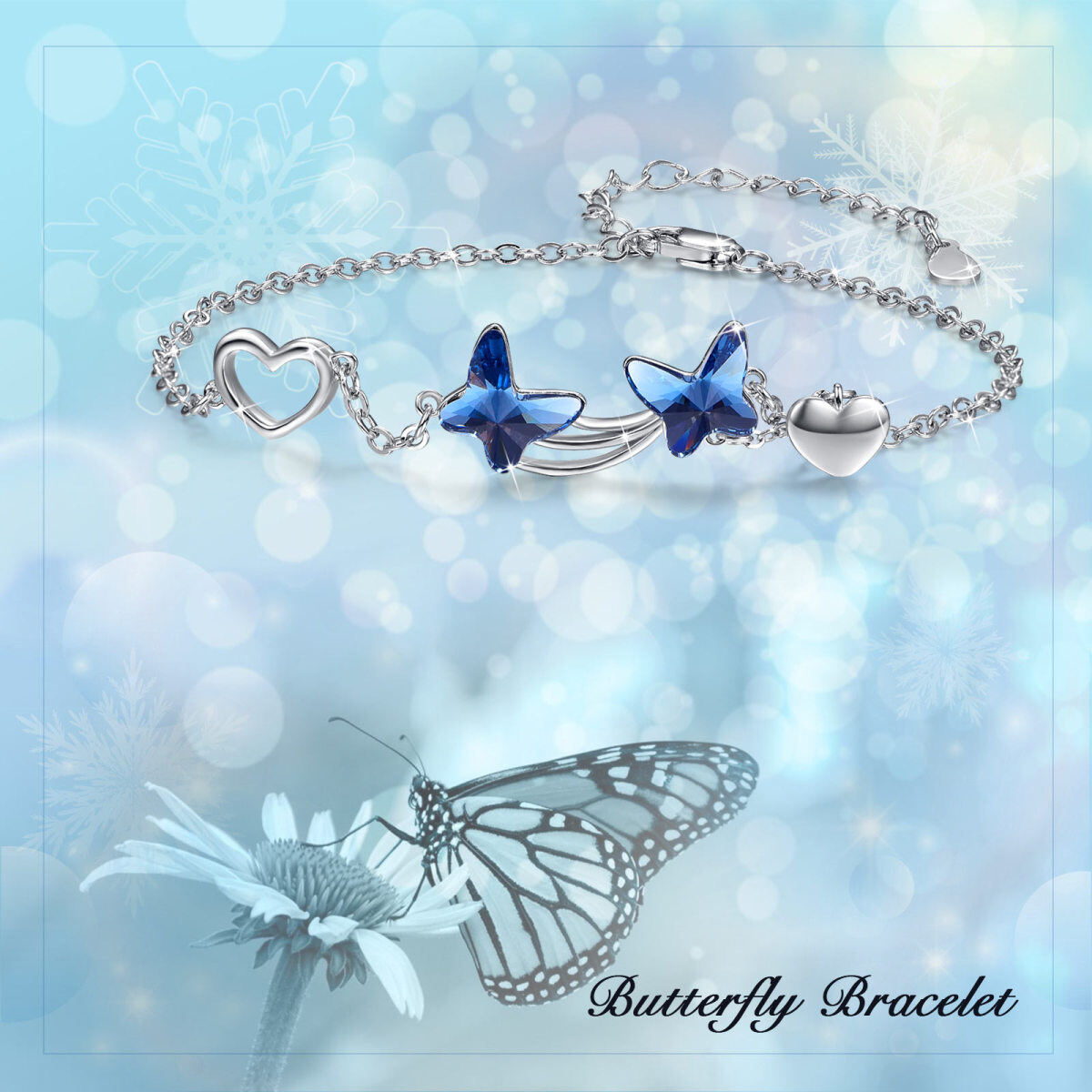 Sterling Silver Blue Crystal Butterfly Star & Heart Pendant Bracelet-5