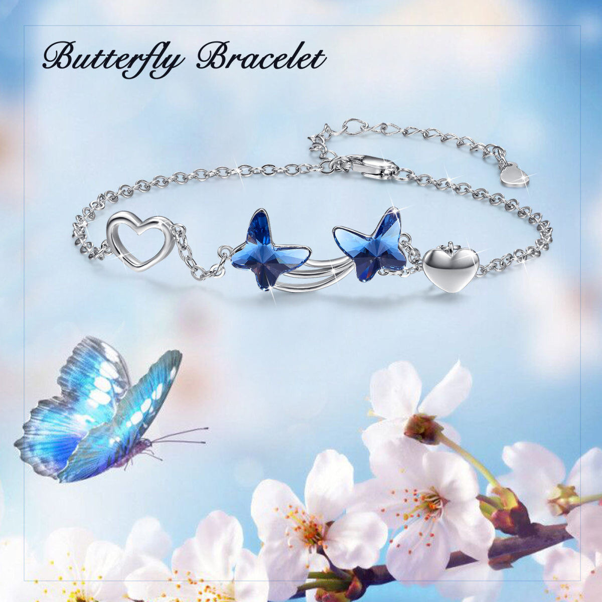 Sterling Silver Blue Crystal Butterfly Star & Heart Pendant Bracelet-6