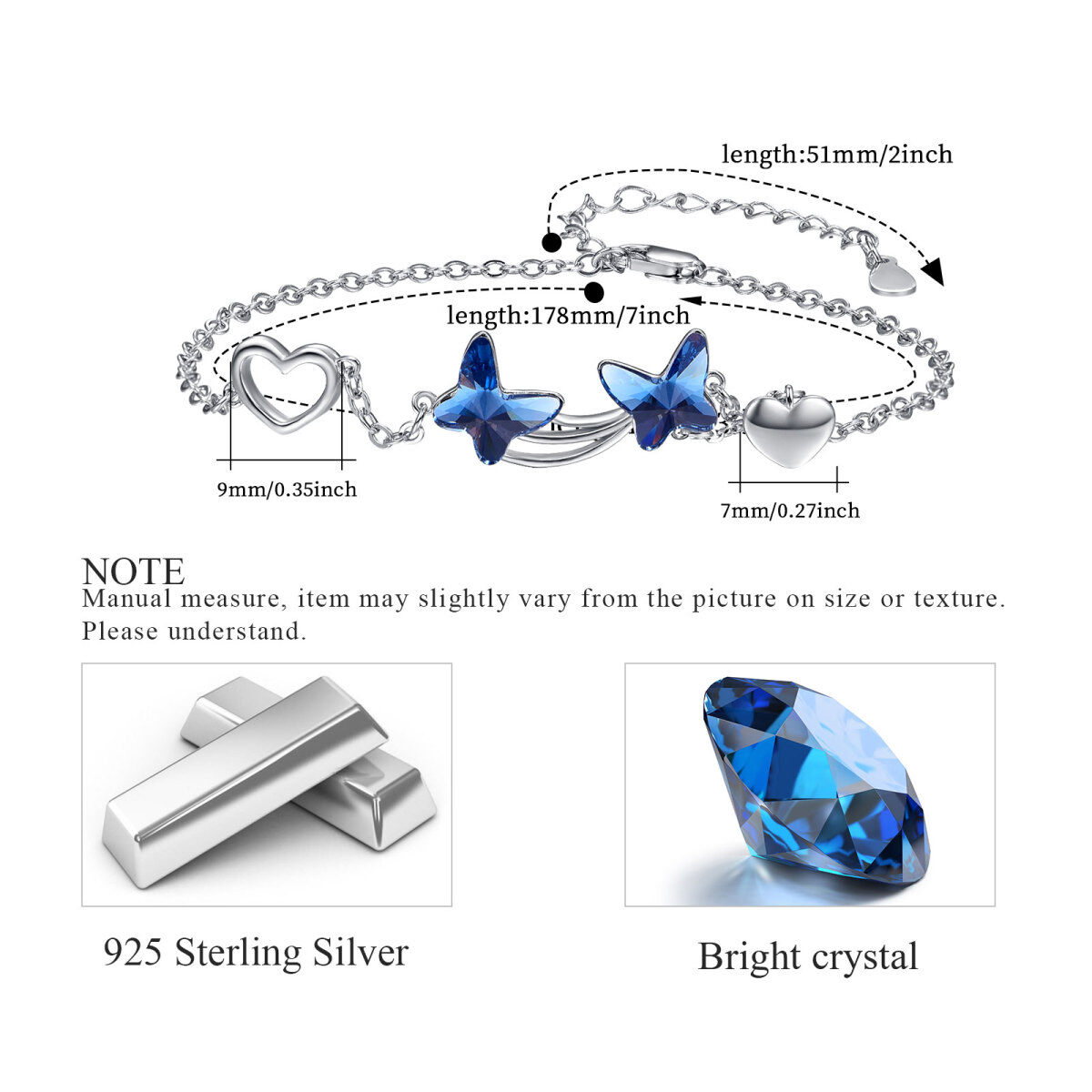 Bracelet en argent sterling avec pendentif étoile papillon et coeur en cristal bleu-7