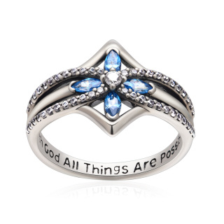 Sterling Silver Blue Crystal Cross With God All Things Are Possible Ring for Women-2