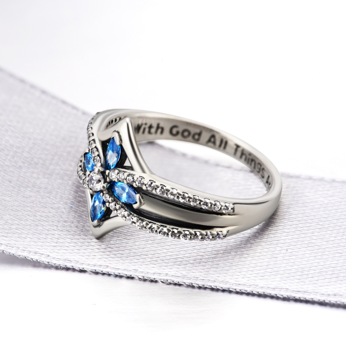 Sterling Silver Blue Crystal Cross With God All Things Are Possible Ring for Women-3