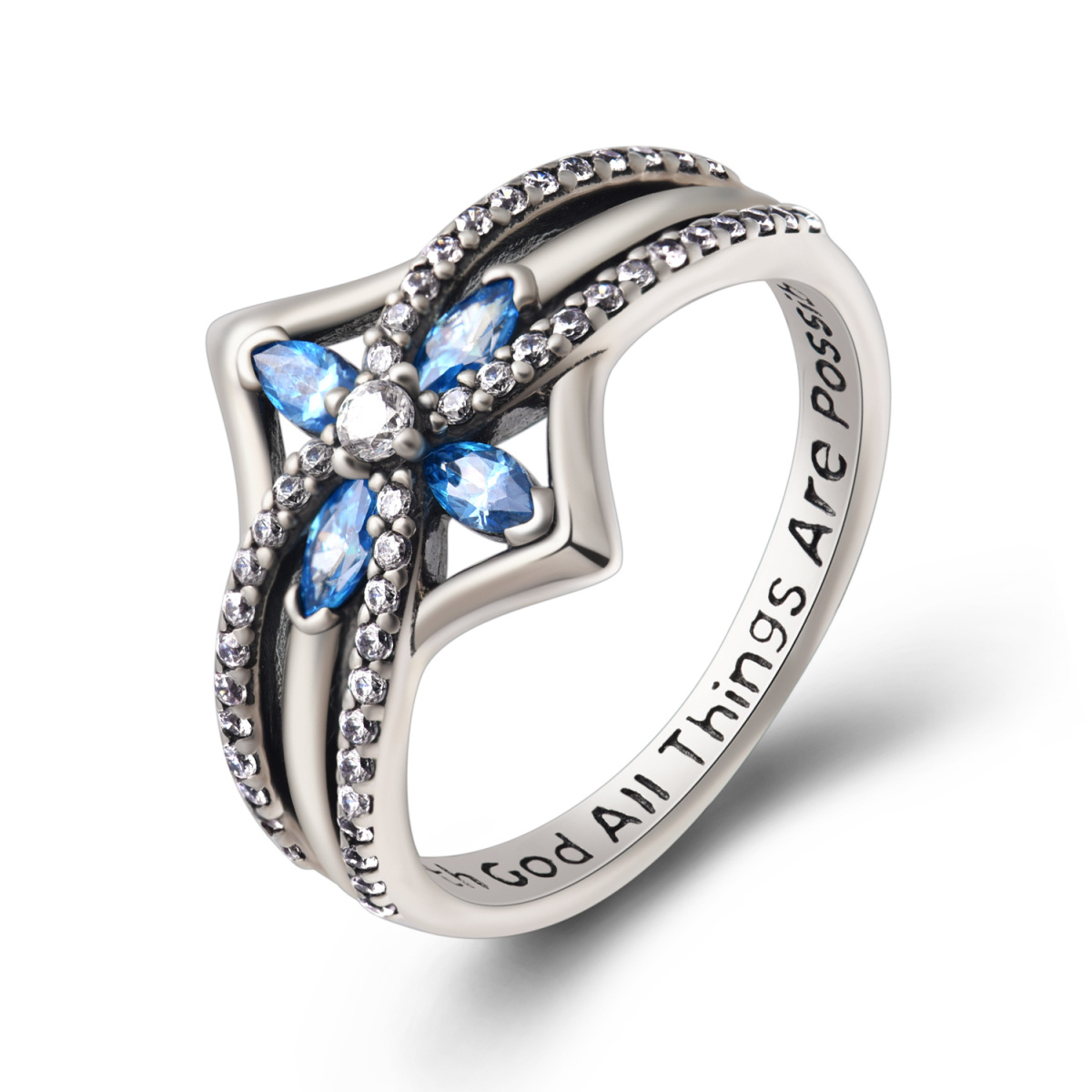 Anillo de plata de ley con cruz de cristal azul y Dios Todo es posible para mujer-4