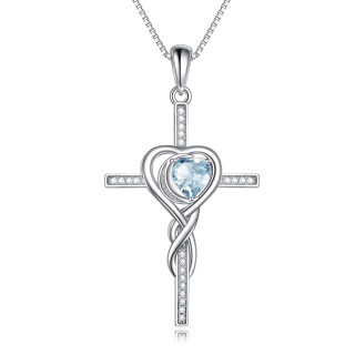 Sterling Silver Blue Crystal Cross Heart Necklace for Women-3